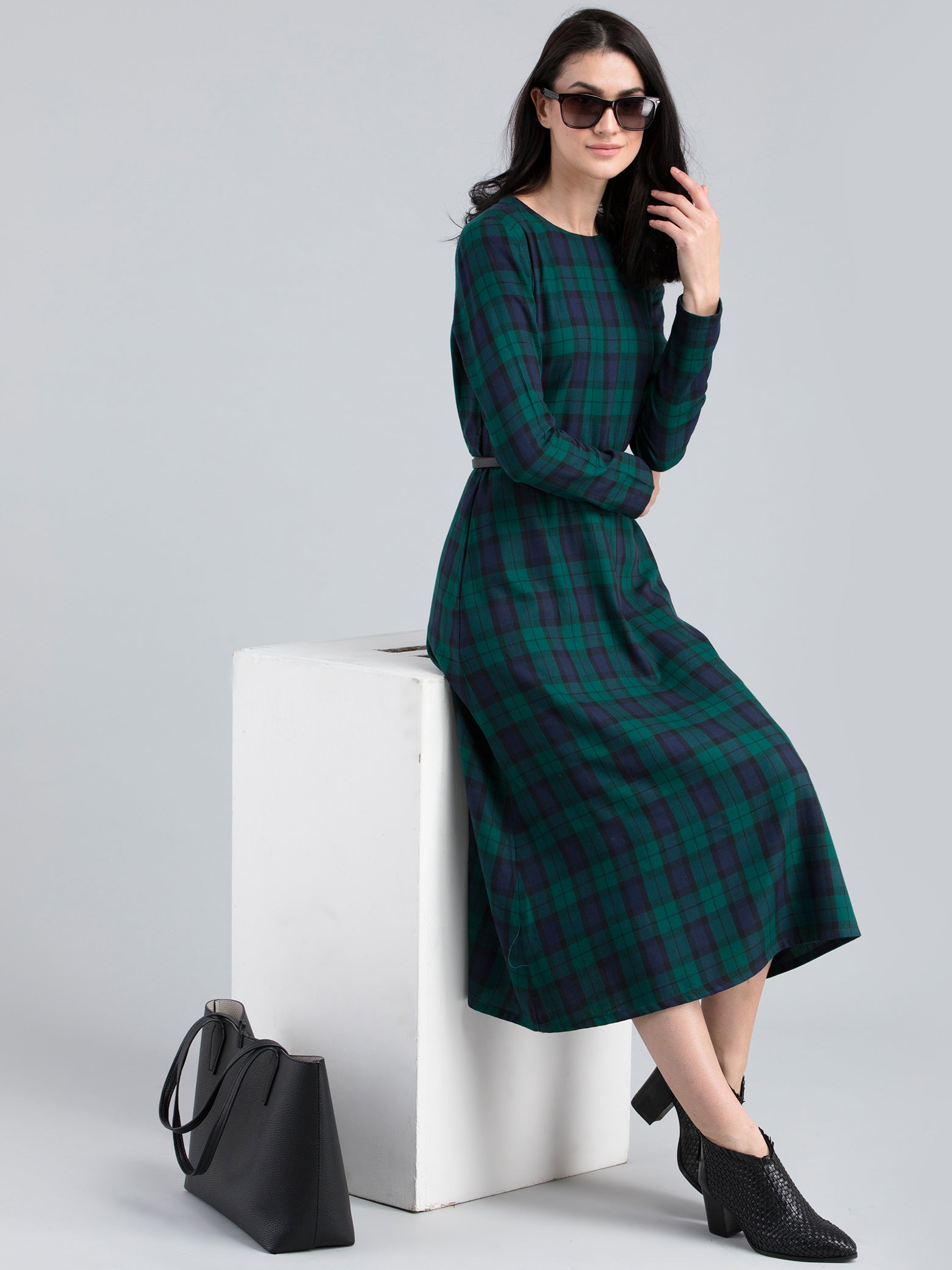 Green and Blue Round Neck Plaid Dress ...